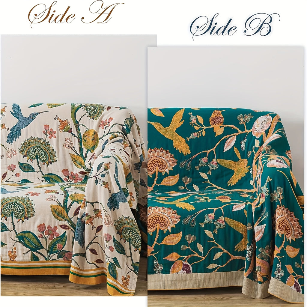 Boho Cotton Throw Blanket Twin Queen King – 100% Cotton Soft Luxury Reversible Quilt, Floral Lemon Print Farmhouse Bohemian Bed Blanket for All Seasons