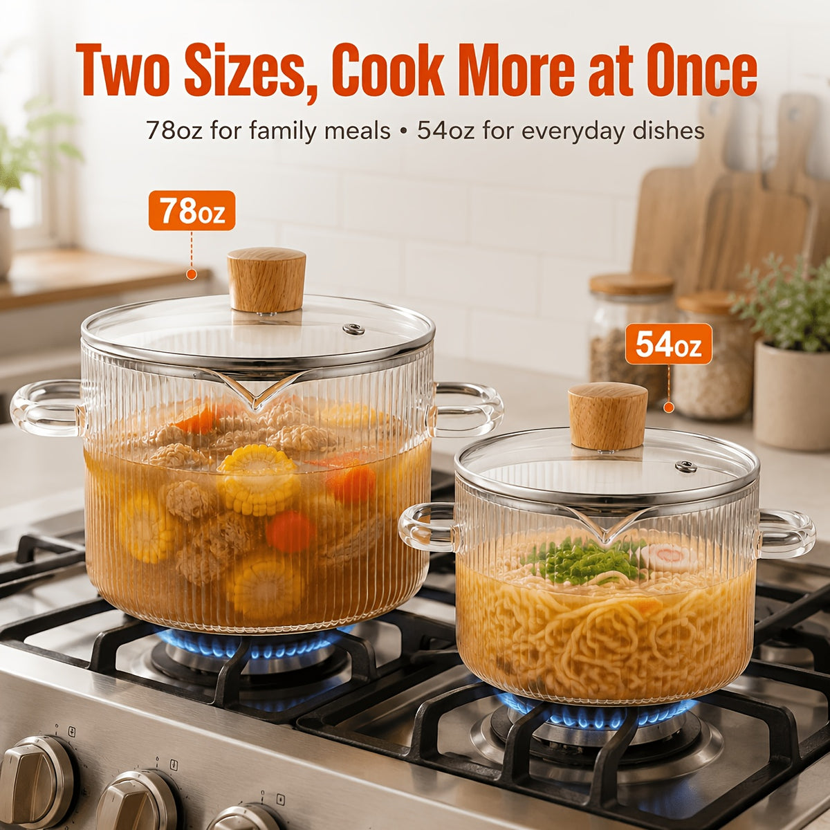 Borosilicate Glass Pots with Lids Set of 2 Stovetop Safe 78Oz & 54Oz Saucepan for Soup Ramen Milk Heat Resistant