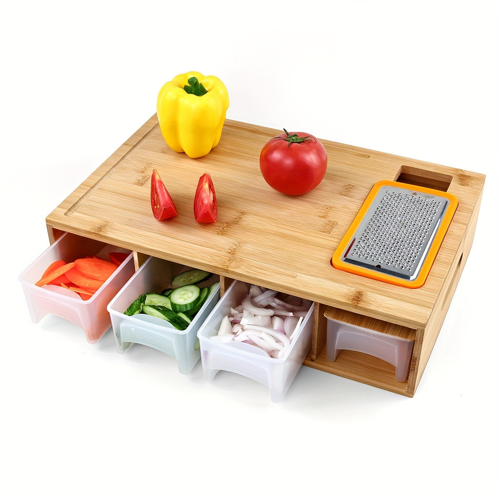 Bamboo Cutting Board with Food Container, Cheese Shredder & Juice Tank – All-in-One Wooden Carving Board for Vegetables, Meat & Cheese – Easy Grip Handle, Kitchen Prep Board