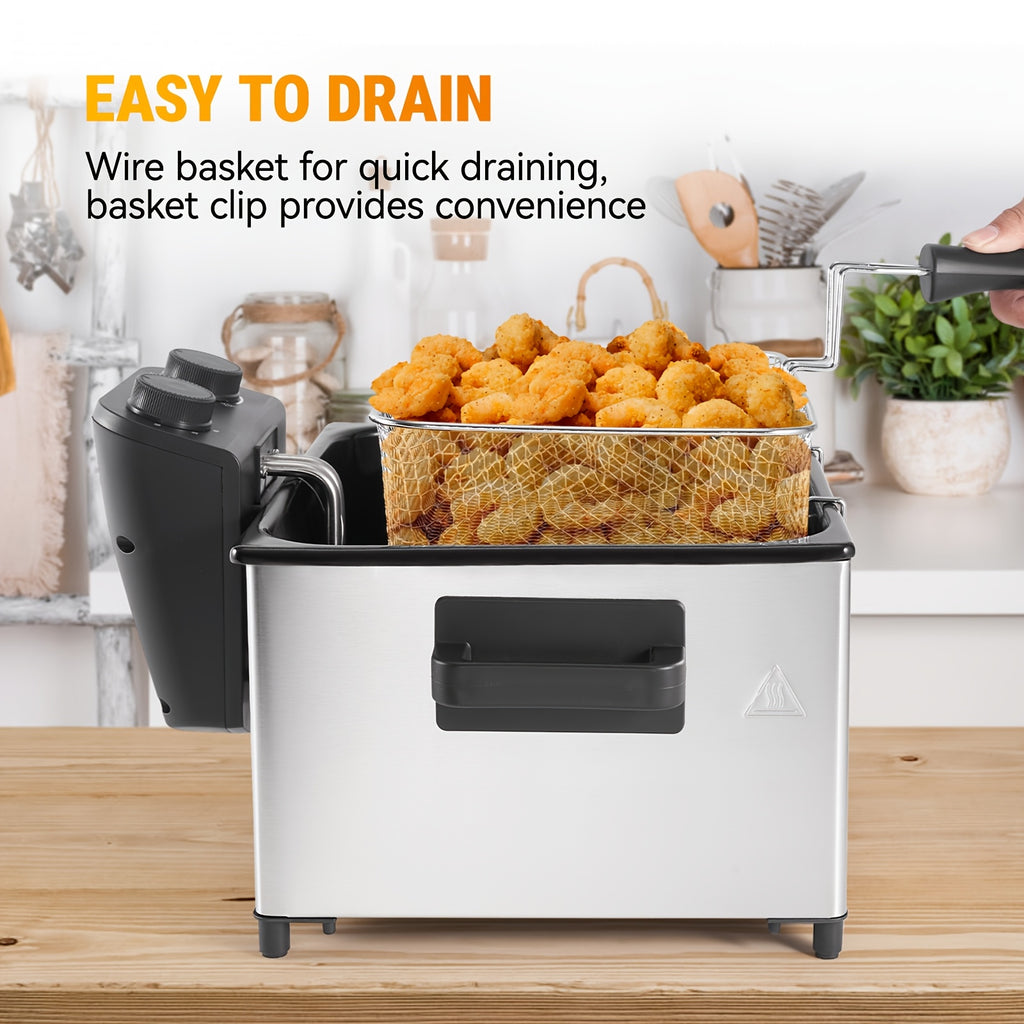 1700W Large Electric Deep Fryer with Time & Temperature Control Stainless Steel View Window Lid Frying Basket 101oz & 1.32 Gallon