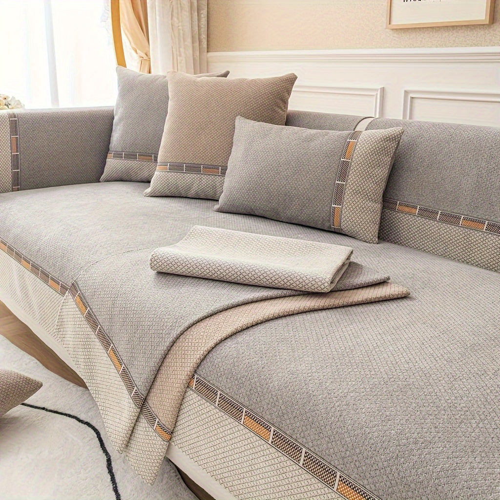 Bohemian Chenille Sofa Cover Non-Slip – Sofa Seat Cushion, Backrest, Armrest & Pillowcase Sold Separately, Dog Friendly Two-Tone for Bedroom Office Living Room, 4 Colors