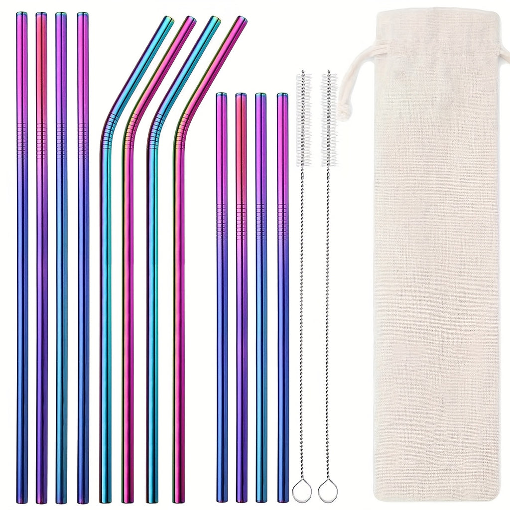 Reusable Stainless Steel Straws Set of 12 Extra Long 10.5 Inch with Cleaning Brushes - Metal Straws for Cold Drinks, Cocktails, Smoothies & Iced Coffee, Eco Friendly Drinking Straws