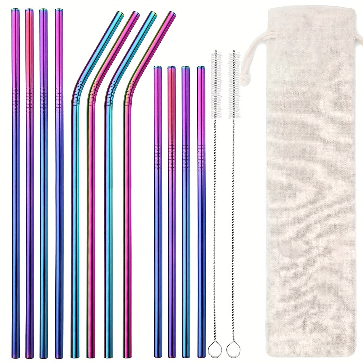 Reusable Stainless Steel Straws Set of 12 Extra Long 10.5 Inch with Cleaning Brushes - Metal Straws for Cold Drinks, Cocktails, Smoothies & Iced Coffee, Eco Friendly Drinking Straws