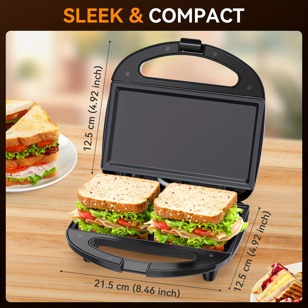 Sandwich Maker 2-Slice 750W with Non-Stick Flat Plates, Indicator Lights & Cool-Touch Handle – Panini Press & Breakfast Grill for Grilled Cheese, Eggs & Quesadillas, Easy Clean & Compact Storage