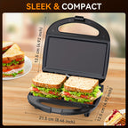 Sandwich Maker 2-Slice 750W with Non-Stick Flat Plates, Indicator Lights & Cool-Touch Handle – Panini Press & Breakfast Grill for Grilled Cheese, Eggs & Quesadillas, Easy Clean & Compact Storage