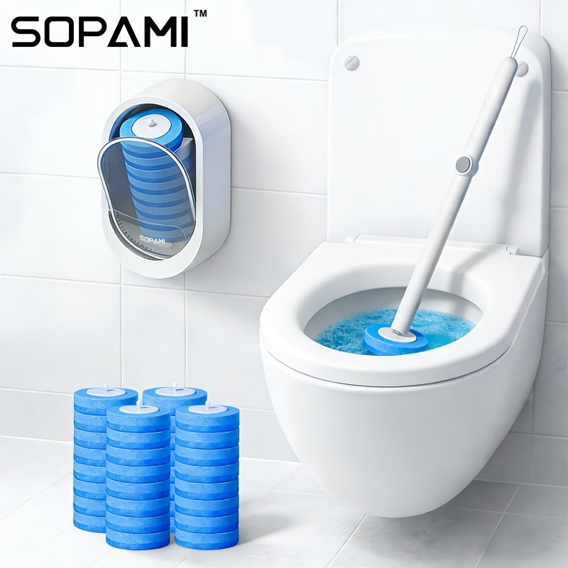 SOPAMI Disposable Toilet Brush with 32 Refill Heads – 360° Rotating Wall-Mounted Hygienic Cleaning Tool for Toilet, Tub, Sink & Tiles