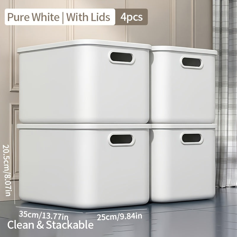 13-Inch Square Plastic Storage Bins 4-Pack with Handles Lid & No-Lid Options White Wardrobe Storage Box Set for Clothes Tools Closet Shelves – Premium Home Organization Containers