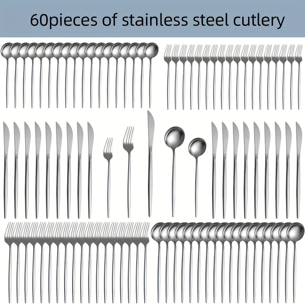 30 or 60 Piece Stainless Steel Cutlery Set Mirror Polished Flatware Knife Fork Spoon Set for Family Restaurant Hotel Party Wedding