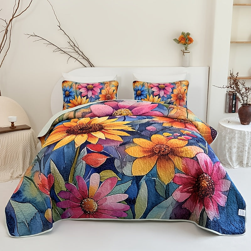 Quilted Quilt Set 2-3 Piece Floral Love Heart Print – Soft Breathable Hypoallergenic Bed Cover with Pillowcases for Twin Full Queen King, Multicolor Bedding