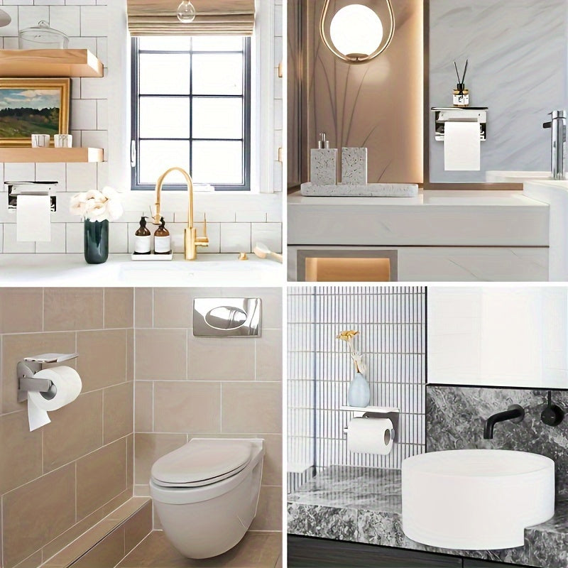 Self-Adhesive Toilet Paper Holder with Phone Stand - No-Drill Stainless Steel Wall Mount Bathroom Tissue Roll Holder with Shelf, Polished Finish Bathroom Accessories