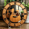 Music Themed Silent Wall Clock 12 Inch – Acoustic Guitar & Roman Numerals Dark Brown Wood Face | Battery-Powered Quartz Non-Ticking Clock for Living Room, Home Studio & Office | Unique Gift for Musicians