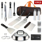 BBQ Grill Tool Set with Cast Iron Meat Press & Meat Thermometer - Complete Outdoor Barbecue Accessories Kit for Teppanyaki Grilling, Backyard Parties & Father's Day Gift