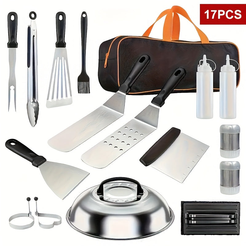 BBQ Grill Tool Set with Cast Iron Meat Press & Meat Thermometer - Complete Outdoor Barbecue Accessories Kit for Teppanyaki Grilling, Backyard Parties & Father's Day Gift