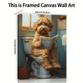Funny Dog Bathroom Wall Art – Framed Canvas Print Dog on Toilet Reading Newspaper, Humor Bathroom Decor for Dog Lovers, Quirky Animal Poster for Restroom & Powder Room, Ready to Hang