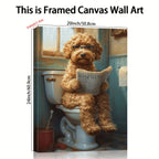 Funny Dog Bathroom Wall Art – Framed Canvas Print Dog on Toilet Reading Newspaper, Humor Bathroom Decor for Dog Lovers, Quirky Animal Poster for Restroom & Powder Room, Ready to Hang