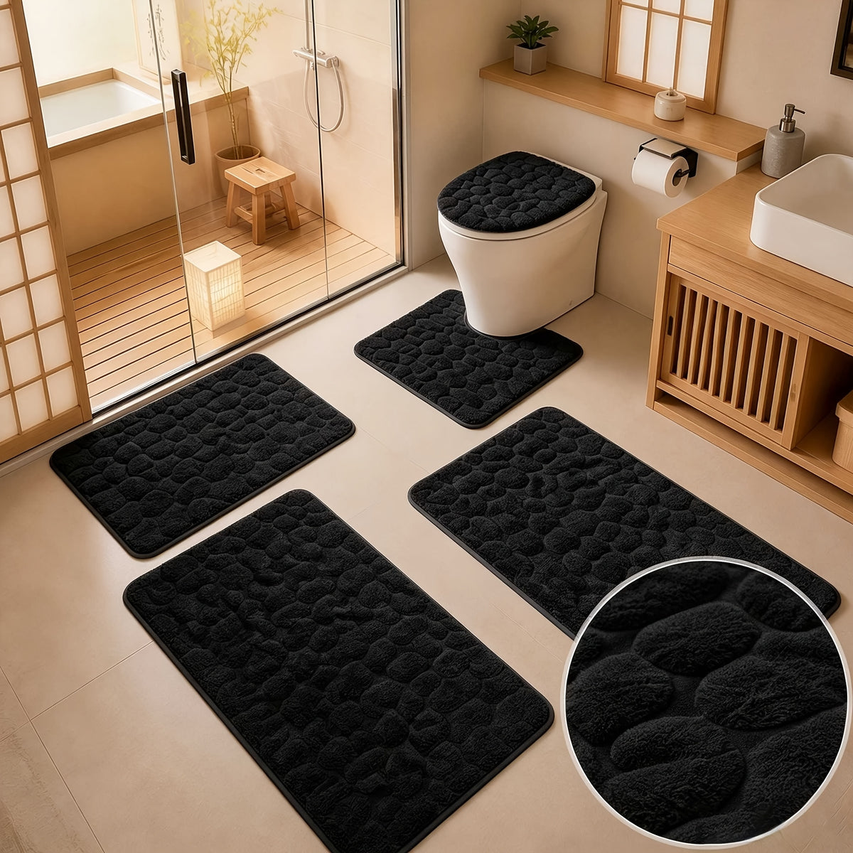 Super Absorbent Bath Mat Set 5 Piece Non-Slip Ultra Soft Bathroom Rugs, Premium Floor Mats for Bathtub Shower Vanity, 4 Colors Available