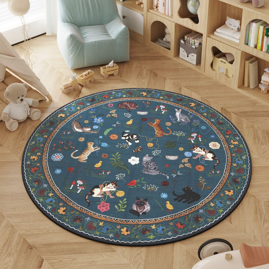 Boho Cat Print Area Rug Low Pile Non-Slip Floral Vintage Indoor Carpet for Living Room Bedroom Dining Room Runner Round Large