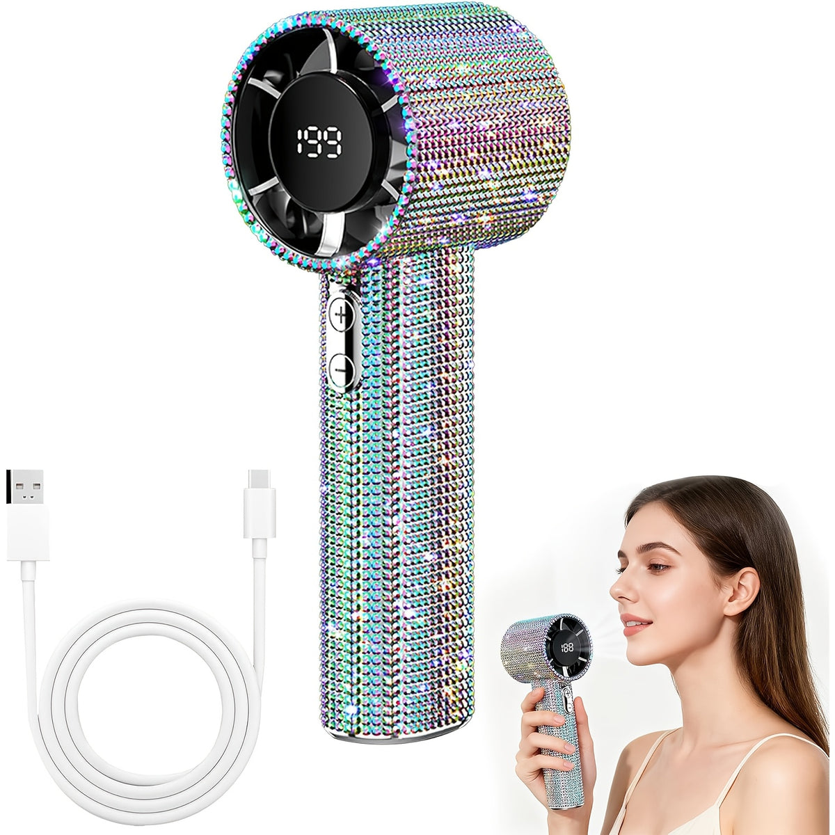 Luxury Diamond Handheld Mini Fan USB Rechargeable 199-Speed Portable Turbo Fan – Personal Cooling for Travel, Office, Outdoor, Camping & Home Summer Use