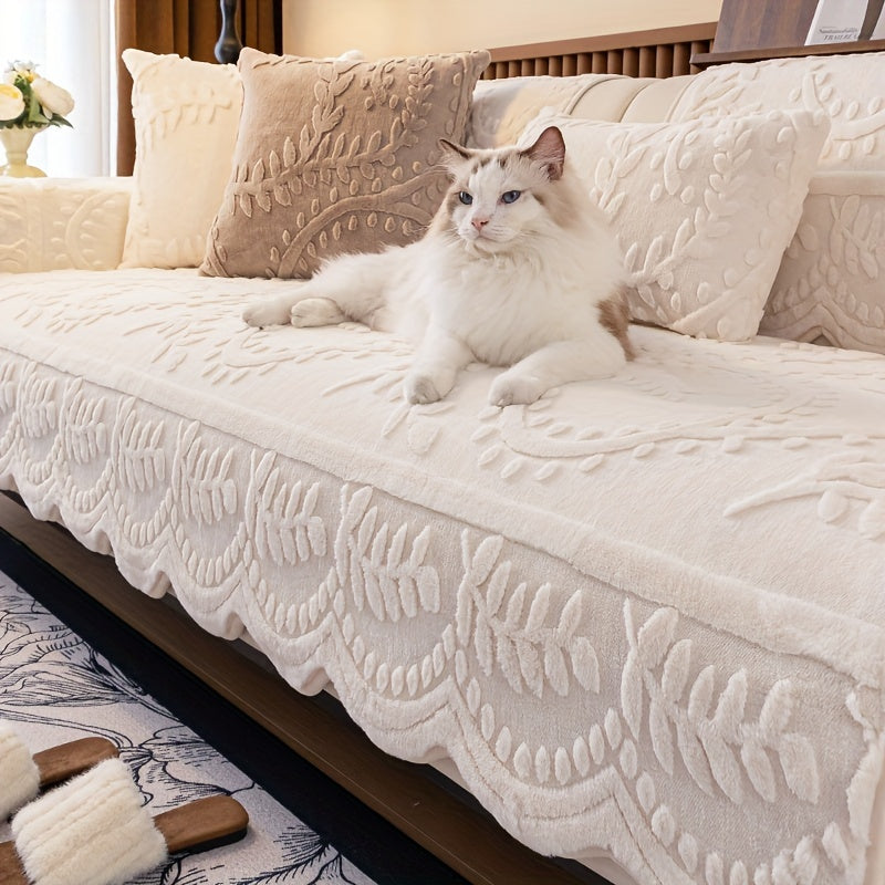Faux Rabbit Fur Sofa Cover Thick Winter Warm Couch Protector Non-Slip Machine Washable Pet-Friendly Floral Sofa Slipcover for 1 2 3 4 Seater Living Room Bedroom