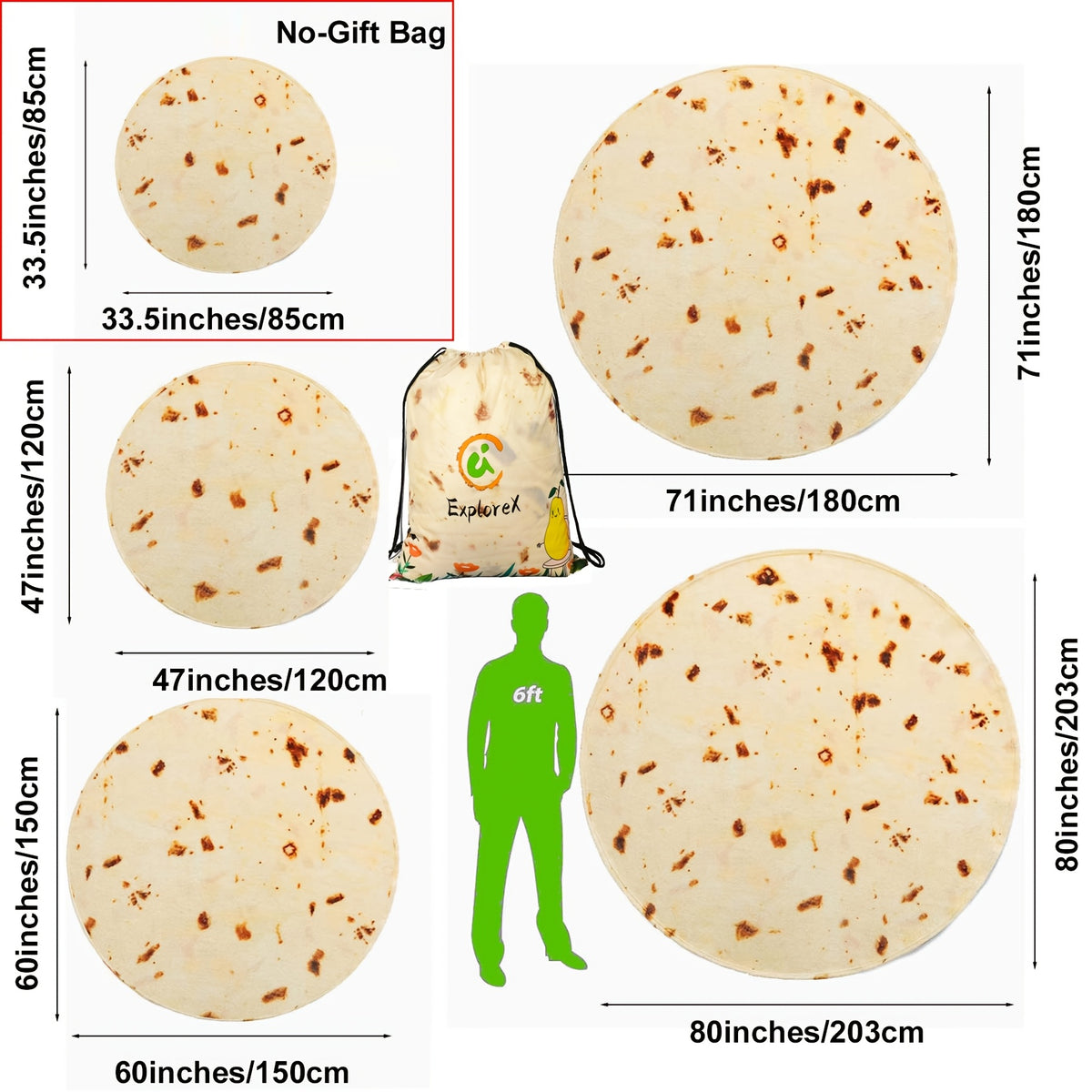 Mexican Tortilla Blanket – 285GSM Soft Flannel Round Novelty Throw, 5 Sizes, Gift Bag Option, Funny Birthday Christmas Gift