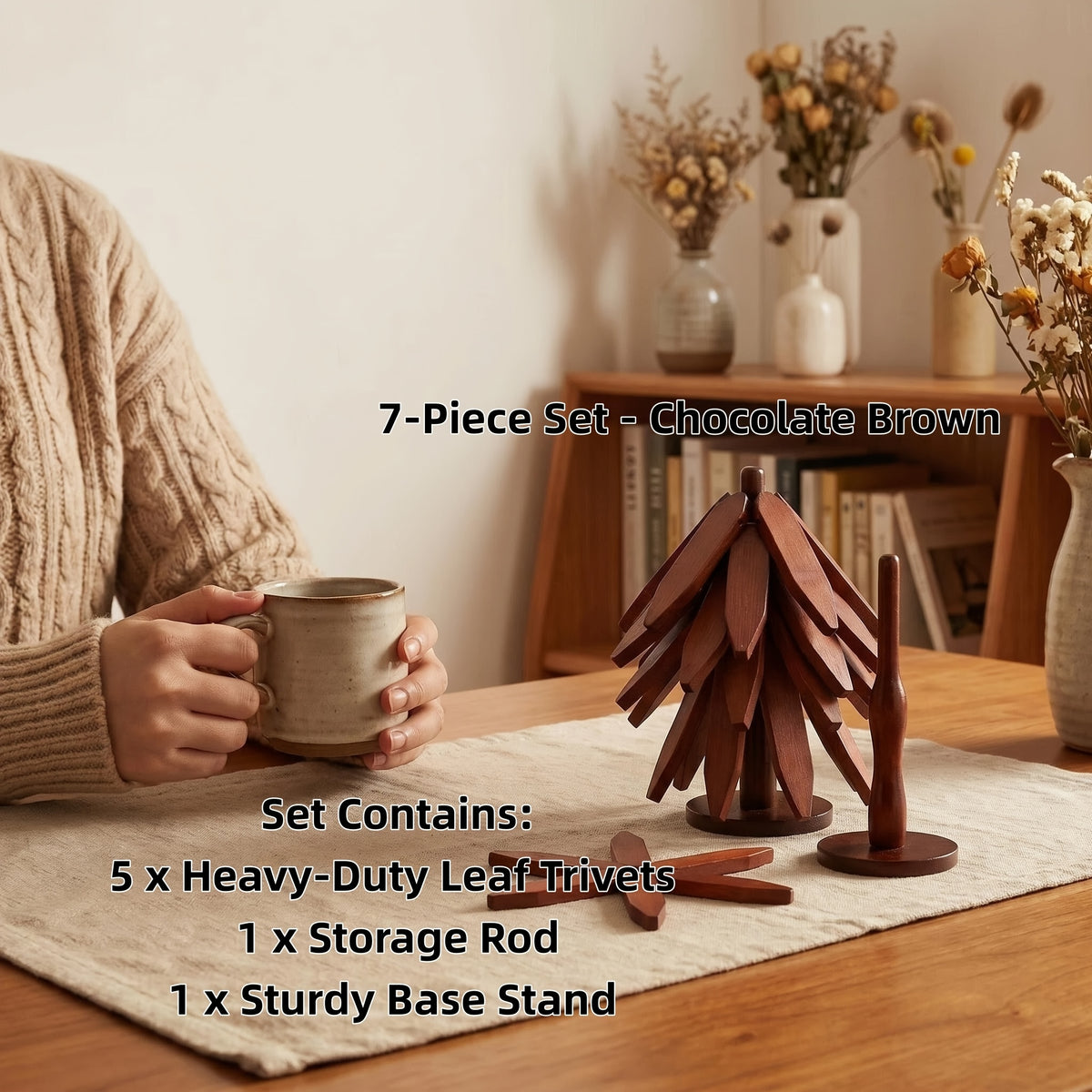 Tree Shaped Trivet Set Foldable Wooden Hot Pot Holder - Decorative Heat Resistant Trivet Mats for Kitchen Counter and Dining Table, Space Saving Stackable Leaf Trivet Set