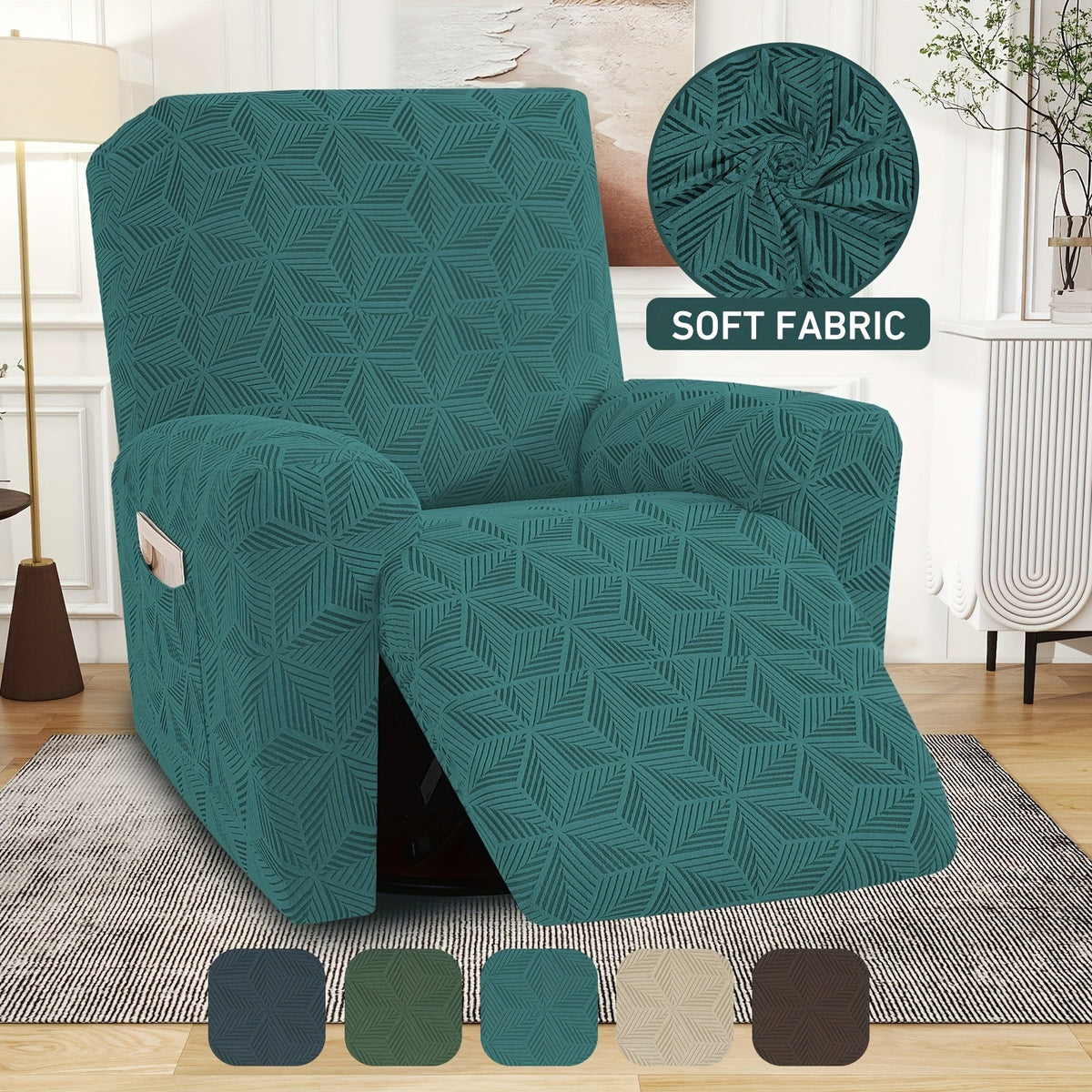 Stretch Spandex Armchair Slipcover with 2 Side Pockets & 2 Armrest Covers, 84% Polyester Jacquard Sofa Cover, Washable Pet Proof Furniture Protector for Living Room & Office, Peacock Blue Green Gray Khaki Coffee