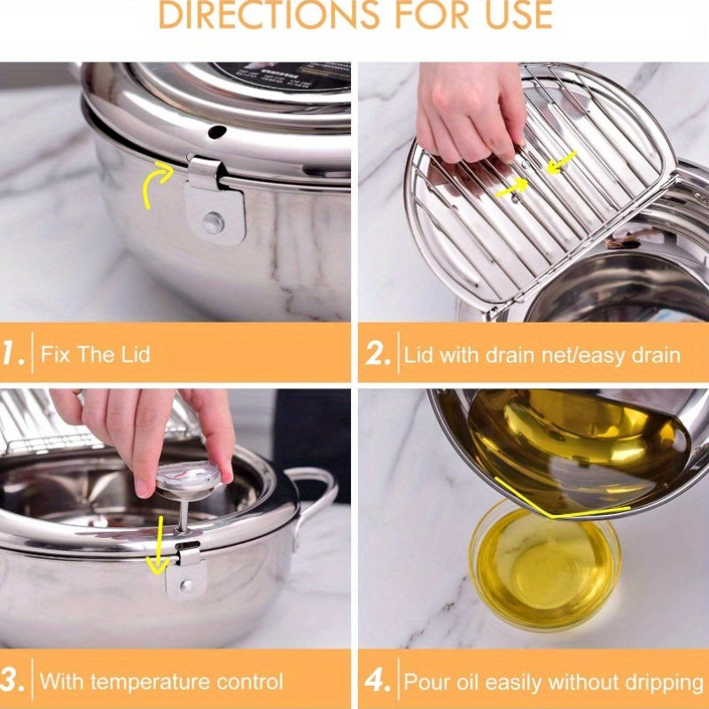 Deep Fryer Pot 304 Stainless Steel Japanese Tempura Frying Pot with Oil Drain Rack, Temperature Control & Lid - Stovetop & Induction Compatible for French Fries, Chicken, Donuts - Home Kitchen