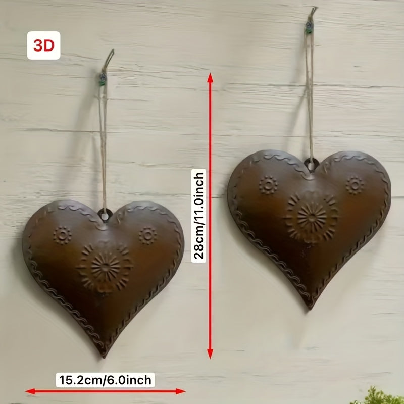 Metal Heart Wall Decor Set of 2 – Bohemian Rustic Iron Heart Wall Hangings with Chain & Rope for Farmhouse, Outdoor, Wedding & Valentine's Day Decor – Vintage Boho Wall Art No Tools Required