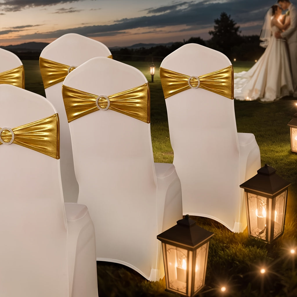 Spandex Chair Sash Bows 100-Pack Metallic Gold Silver Rose Gold Wedding Chair Belts Decorative Bow Ties for Banquet Event Party Chairs – Elastic Chair Bands for Wedding Reception Decoration