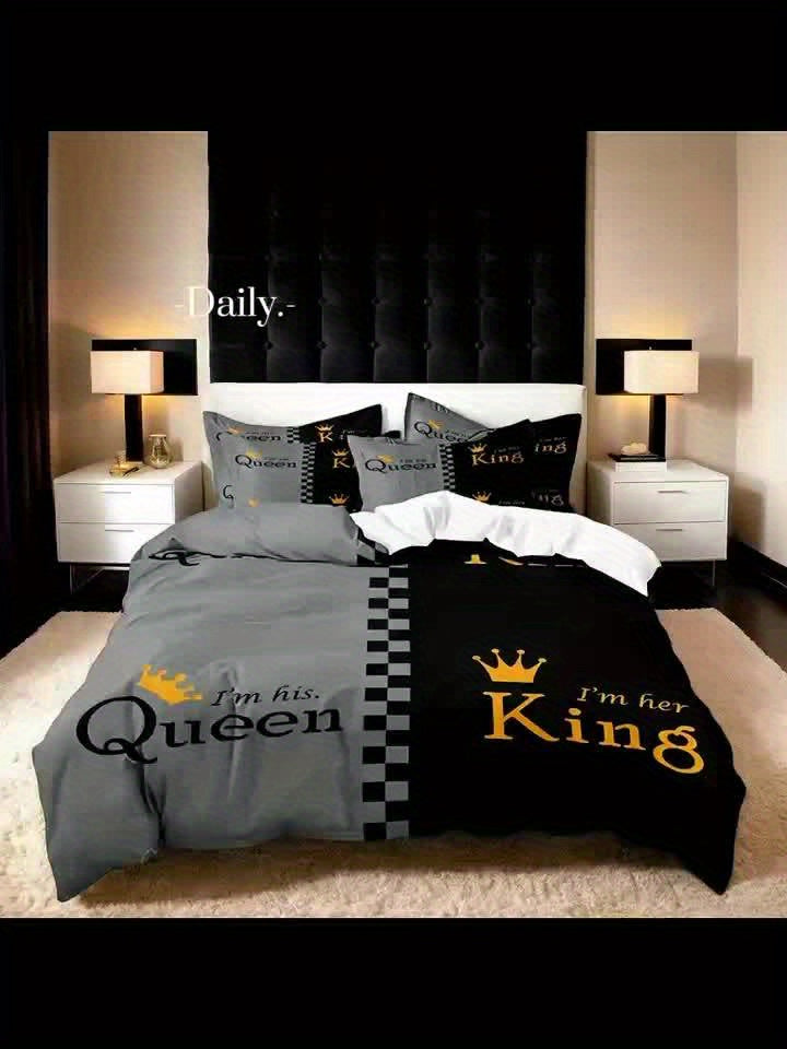 Valentine's Day Duvet Cover Set 3pcs – Crown Queen & King Print Soft Breathable Polyester Bedding, Machine Washable, Includes Duvet Cover & 2 Pillow Covers, Romantic Gift for Couples