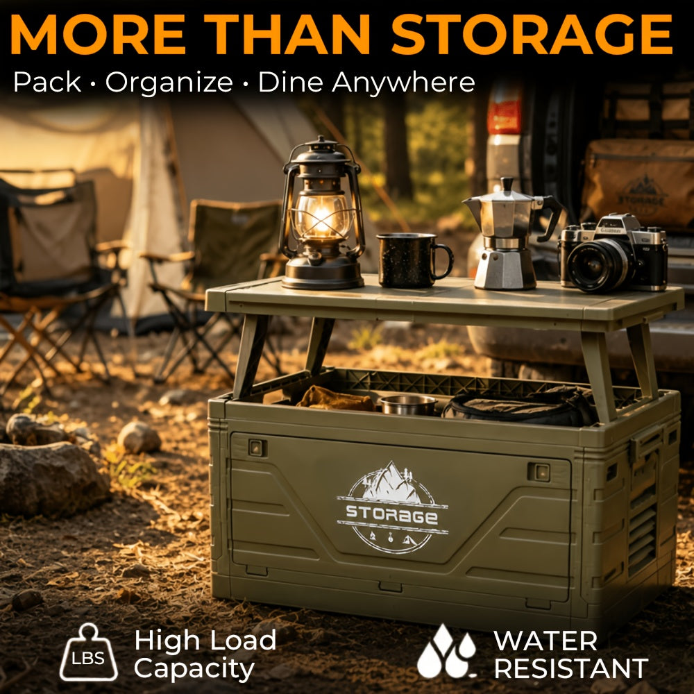 Folding Outdoor Storage Box Collapsible Waterproof Bin – Multifunctional Camping Container Doubles as Table & Seat, Portable Organizer for Picnic Road Trips Car Trunk Backyard