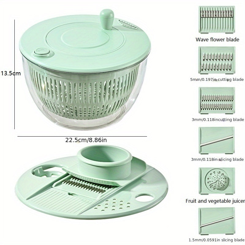 Salad Spinner & Vegetable Dehydrator with Slicer Multifunctional Fruit Spin Dryer Slicer for Lettuce Herbs Potatoes - Kitchen Salad Maker Washing Drying Slicing Tool, Green