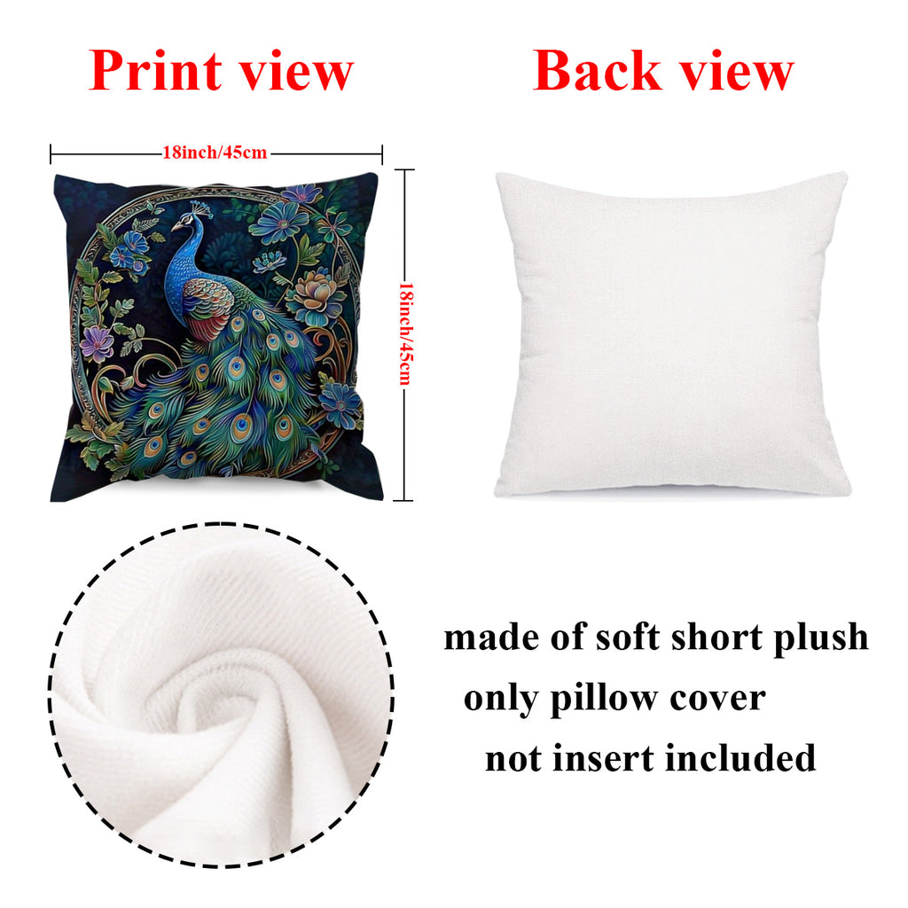 Boho Peacock Throw Pillow Covers 4-Pack – Vintage Oil Painting Print Plush Cushion Covers, 18x18 Inch, Zippered, Machine Washable, Living Room Bedroom Decor