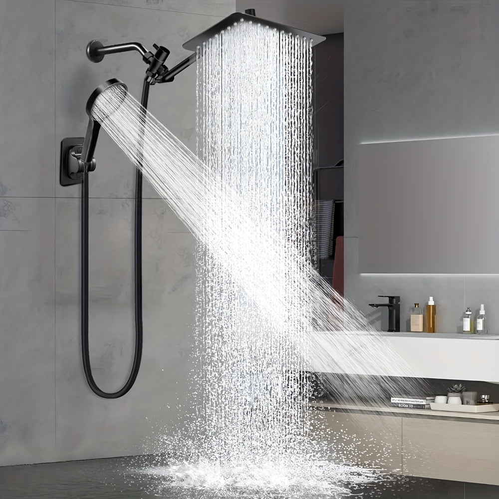 High Pressure Rainfall Shower Head & Handheld Combo 10/12 Inch Round or Square, 4-Spray Settings, 13-Inch Adjustable Arm, 78-Inch Hose & No-Drill Adhesive Holder – Chrome & Black