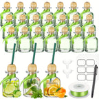 Mini Shot Glass Bottles 24pcs with Cork & Straw - 1.7oz 50ml Clear Glass Patron-Style Bottles with Ribbon, Reusable Party Favors for Wedding, Bridal Shower & Celebrations