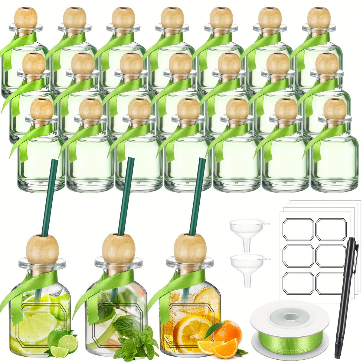Mini Shot Glass Bottles 24pcs with Cork & Straw - 1.7oz 50ml Clear Glass Patron-Style Bottles with Ribbon, Reusable Party Favors for Wedding, Bridal Shower & Celebrations