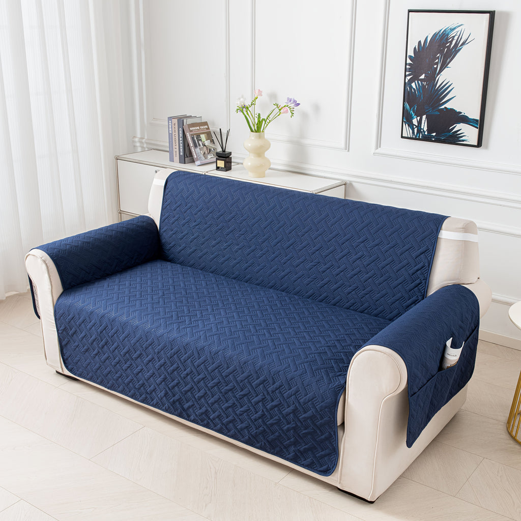 Sofa Cushion Cover with Storage Pocket – Pet-Proof Non-Slip Multi-Function Sofa Protector, All-Season Machine Washable, 1/2/3-Seater, Navy Coffee Off-White Dark Gray