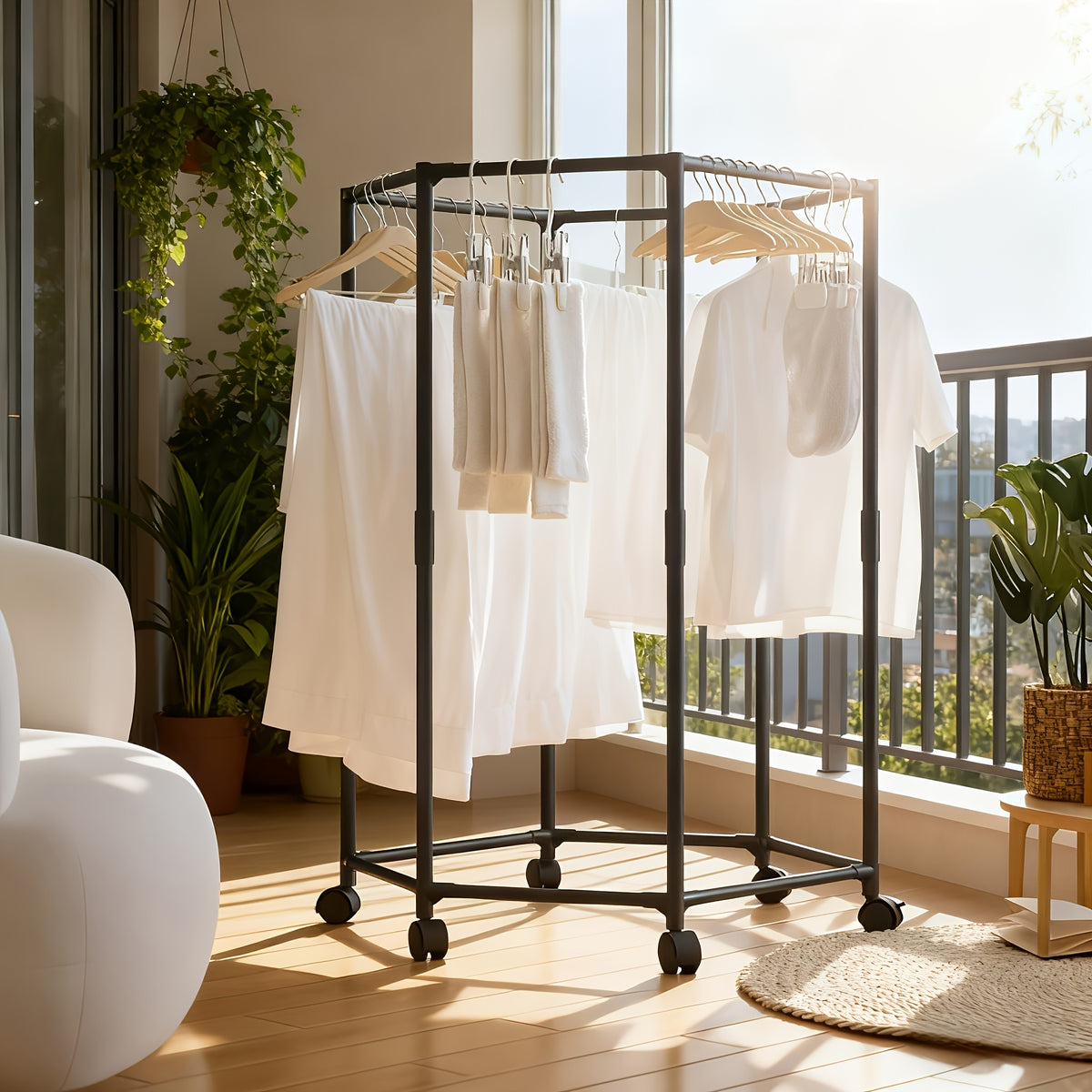 Hexagonal Rotating Clothes Rack with Wheels Large Capacity Freestanding Garment Rack for Bedroom Closet Entryway