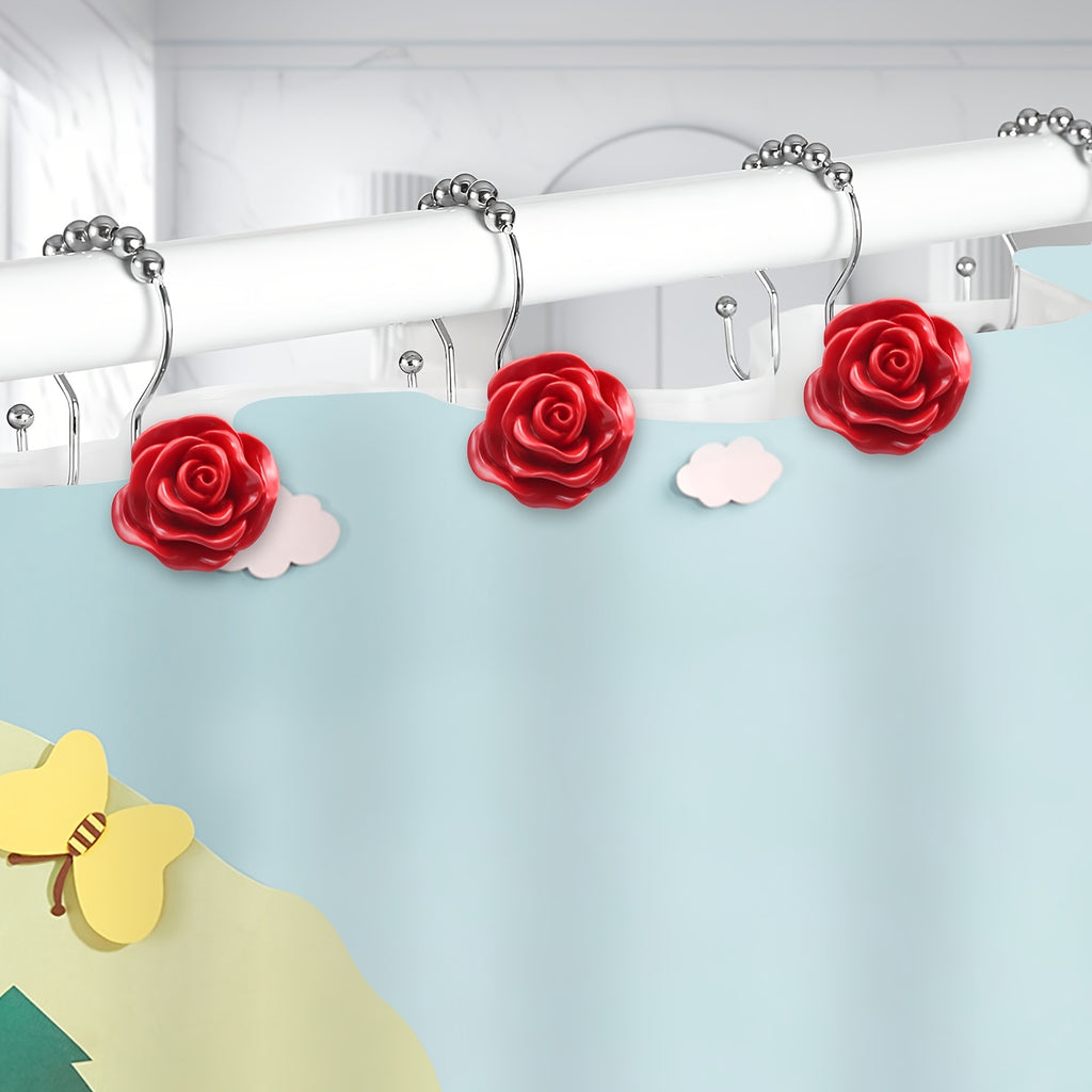 Rose Decorative Shower Curtain Hooks 12pcs – Stainless Steel Acrylic Rhinestones Double Hook for Dual Curtains | Elegant Bathroom Decor & Mother's Day Gift