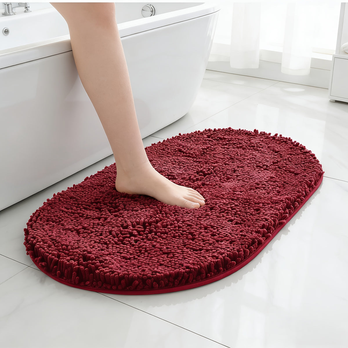 Chenille Oval Non-Slip Bathroom Mat Super Absorbent Soft Plush Floor Mat – Machine Washable, Anti-Slip Backing, 5 Colors 6 Sizes for Bathroom Kitchen Pet Use