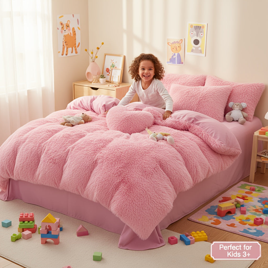 Plush Faux Fur Duvet Cover Set for Kids & Teens, 3/4 Pcs with Pillowcases & Heart Pillow, Super Soft Warm Faux Fur Comforter Cover, Machine Washable Lodge Style Bedding, Twin Queen King