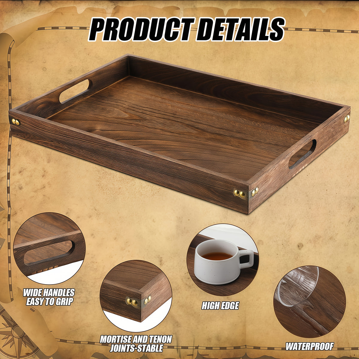 7-Piece Rustic Rectangular Serving Trays with Handles Vintage Elegance Tea Coffee Snack Fruit Dessert Tray Set for Kitchen Living Room