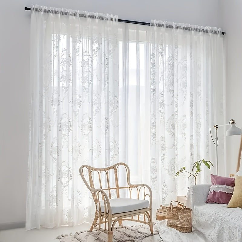 Lace Embroidery Sheer Curtain Rod Pocket Floral for Bedroom, Living Room & Wedding – Machine Washable Unlined Polyester, Glam Decor, 4 Sizes