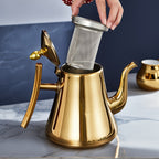 Stainless Steel Kettle with Filter Tea Pot Coffee Pot Cold Water Pitcher Induction Cooker Compatible for Home Hotel Restaurant Golden Finish