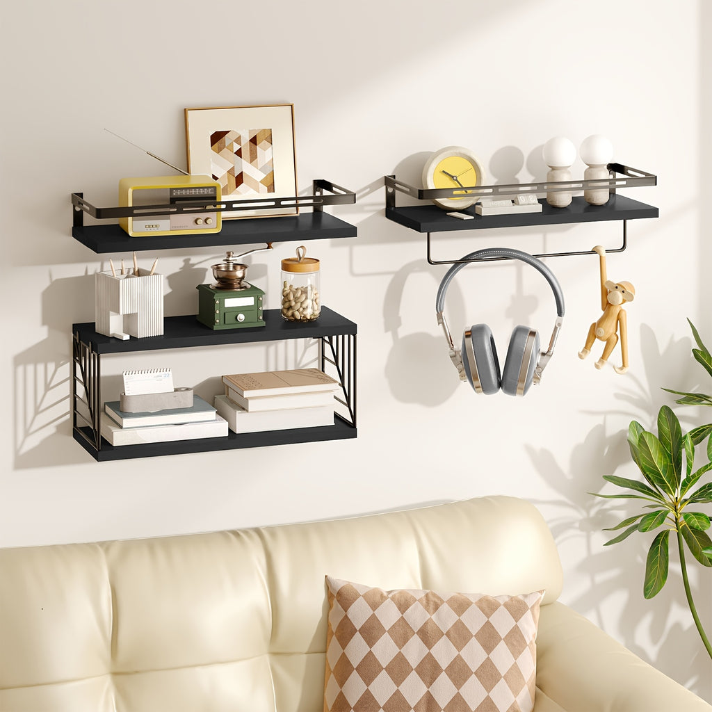 Floating Shelves Over Toilet 3/4 Piece Set – Farmhouse Wood Wall-Mounted Bathroom Shelf for Toilet Paper Storage, Small Bathroom Organizer in Black & Brown