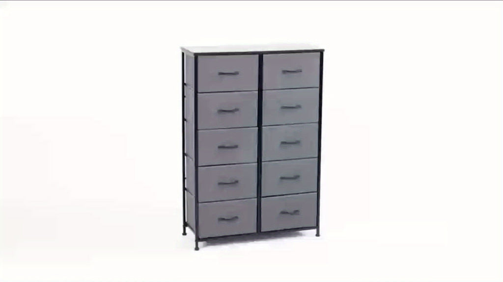 10-Drawer Fabric Storage Cabinet with Hardwood Tabletop | Dresser Organizer for Clothing Bags & Accessories | Black White Rust Gray