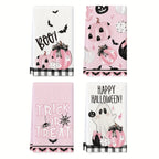 Halloween Kitchen Dish Towels Set of 4 - 18x26 Inch Black and Pink Pumpkin Ghost Design Kitchen Towels for Halloween Home and Kitchen Decoration - Festive Trick or Treat Towel Gift Set
