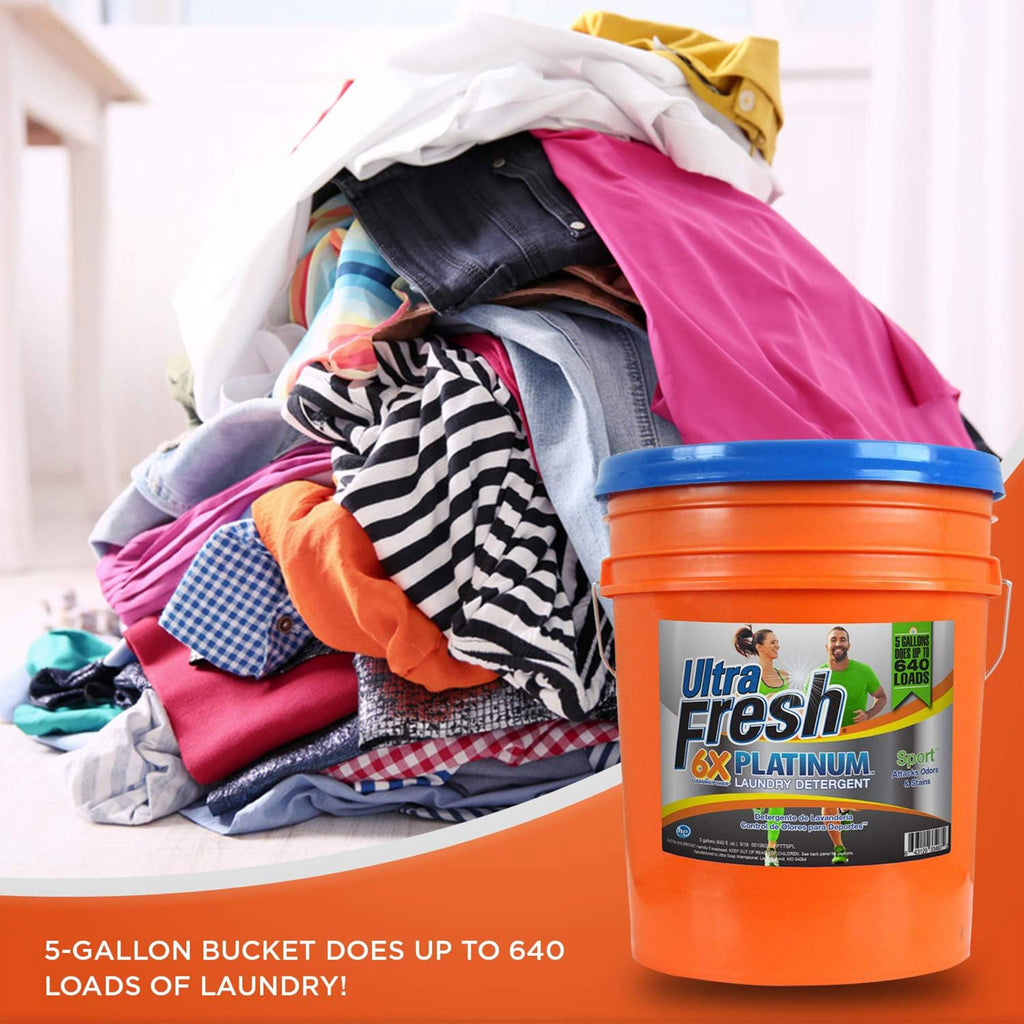 Ultra Fresh 6X Concentrated Liquid Laundry Detergent 5 Gallon with Pump, Up to 640 Loads HE Compatible All Machine Types, No Phosphates No Bleach, 4 Scent Options