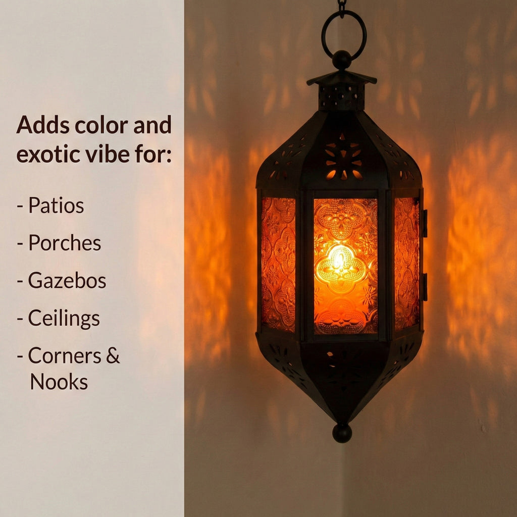 Moroccan Hanging Candle Lantern with Chain – Vintage Boho Style Iron & Glass Tealight Holder for Home, Patio, Garden, Wedding & Ramadan Decor (23.5" Overall)