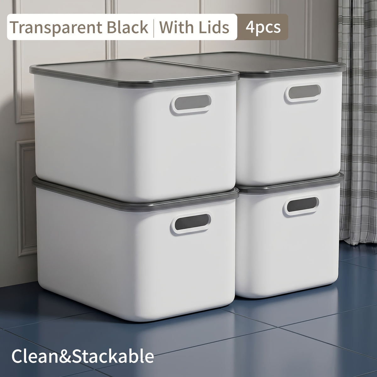 13-Inch Square Plastic Storage Bins 4-Pack with Handles Lid & No-Lid Options White Wardrobe Storage Box Set for Clothes Tools Closet Shelves – Premium Home Organization Containers